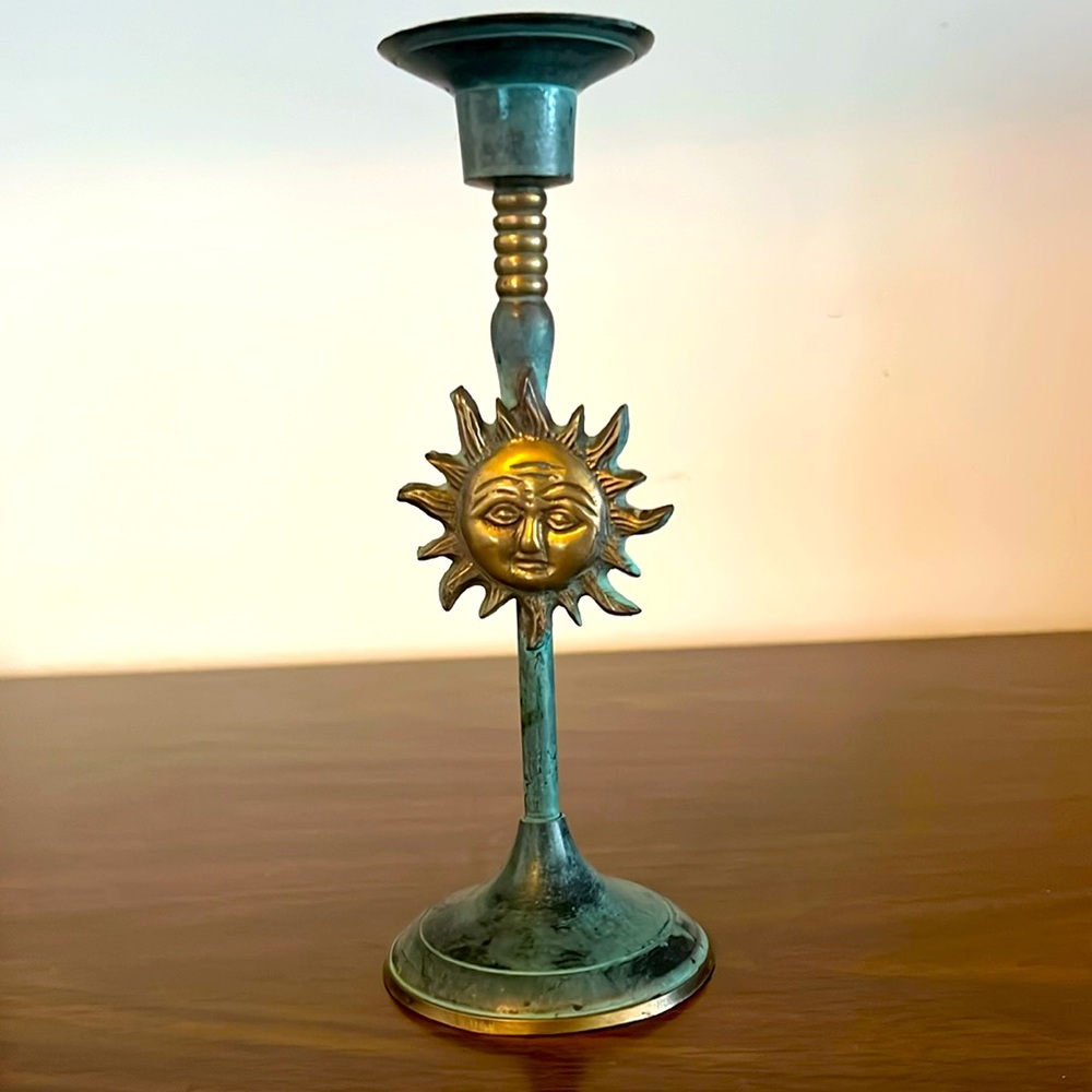 Vintage 90s brass patina sun candlestick holder